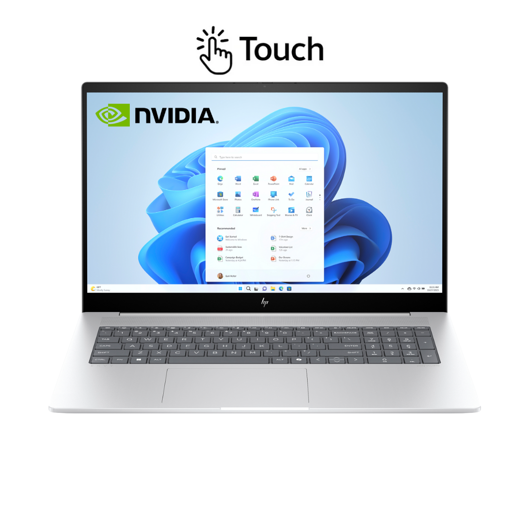 HP Envy 17T-DA0097NR، معالج Intel Ultra 7-155U، ذاكرة وصول عشوائي (RAM) سعة 32 جيجابايت، قرص SSD سعة 1 تيرابايت، بطاقة رسومات NVIDIA GeForce RTX 3050 سعة 4 جيجابايت، شاشة لمس FHD IPS مقاس 17.3 بوصة، لون فضي جلاسير