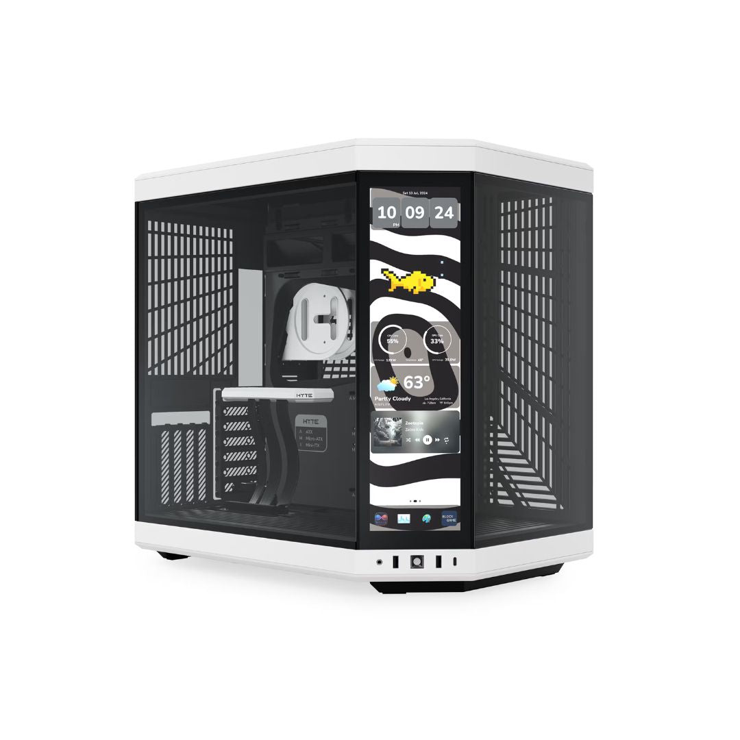 HYTE Y70 Touch Infinite صندوق حاسوب متوسط الحجم بتصميم مزدوج الغرف، متوافق مع ATX، شاشة لمس مدمجة بدقة 2.5K، لون باندا (أسود وأبيض)