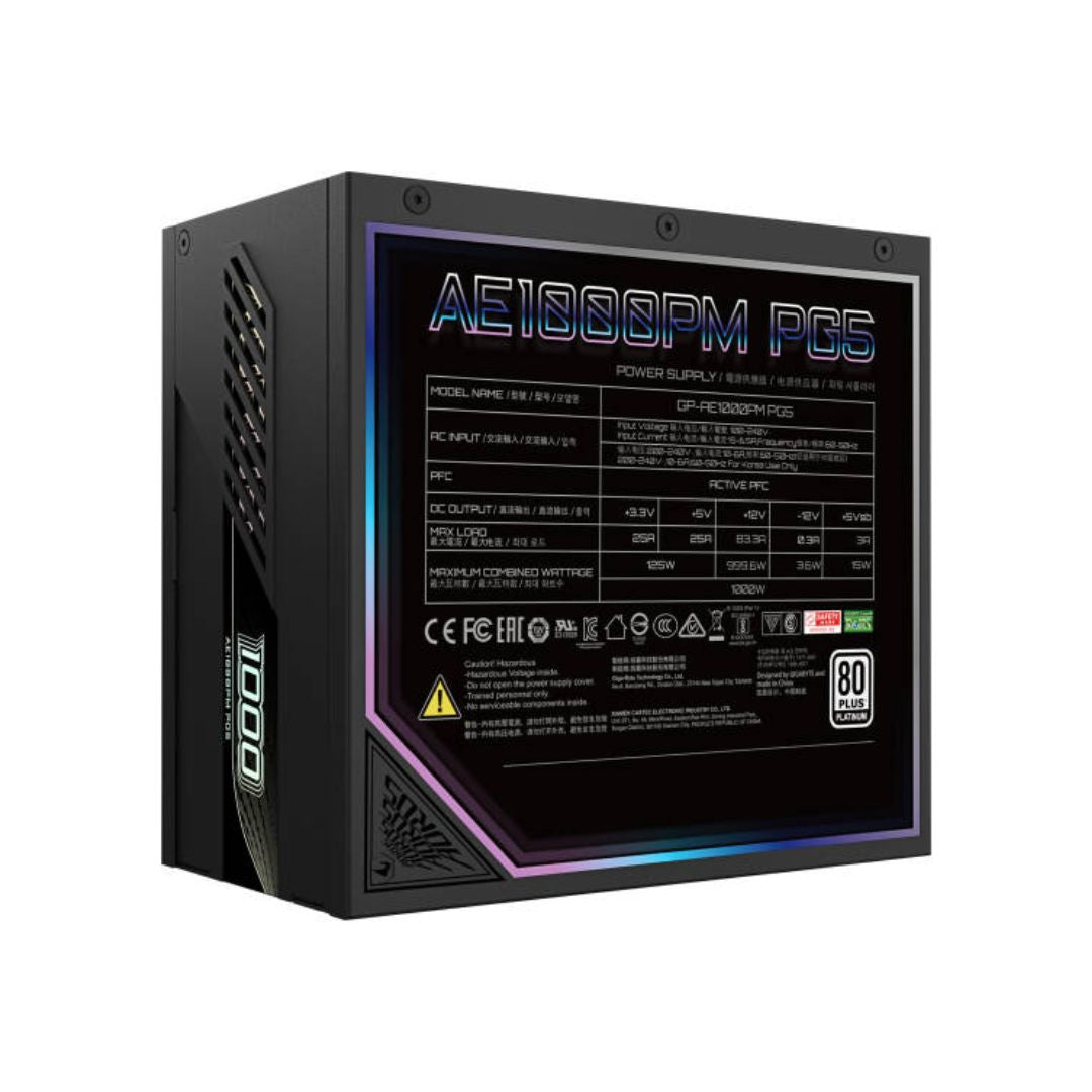 Gigabyte AORUS ELITE GP-AE1000PM, Full Modular, 1000W 80+ Platinum, PCIe 5.1 - Black