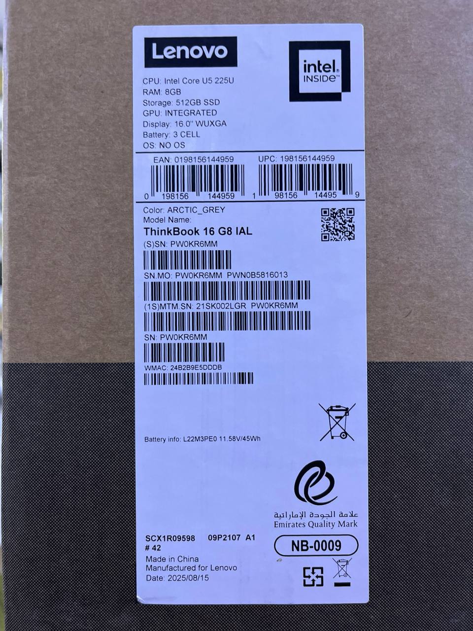 Lenovo ThinkBook 16 G8 - (2LGR), Intel Core Ultra 5-225U, RAM 8GB, SSD 512GB, Intel Graphics, 16 Inch WUXGA IPS 60Hz, Arctic Grey