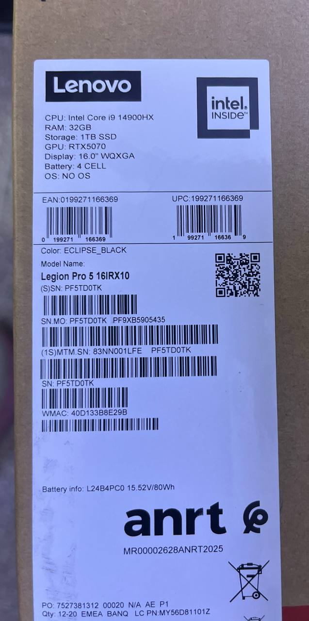Lenovo Legion Pro 5 15IRX10 - (1LIFE), Intel® Core i9-14900HX, RAM 32GB, SSD 1TB, NVIDIA RTX 5070 8GB, 16.0 Inch 2K WQXGA OLED 240Hz, Eclipse Black