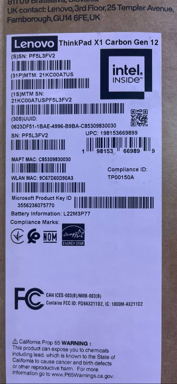 لينوفو ثينك باد X1 كاربون - (A7US)، معالج إنتل كور ألترا 7 155U، ذاكرة وصول عشوائي 32 جيجابايت، قرص صلب SSD سعة 512 جيجابايت، معالج رسومات إنتل، شاشة 14 بوصة WUXGA IPS، أسود