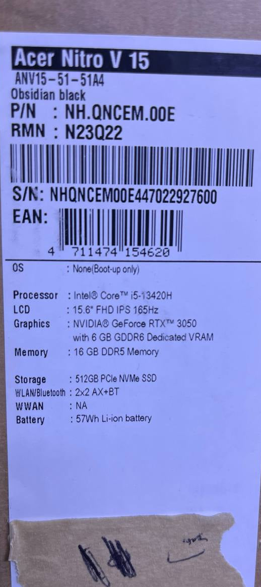 Acer Nitro V15 ANV15-51A4, Intel Core i5-13420H, RAM 16GB, SSD 512GB, NVIDIA Geforce RTX 3050 6GB, 15.6 Inch FHD IPS 165Hz, Obsidian Black