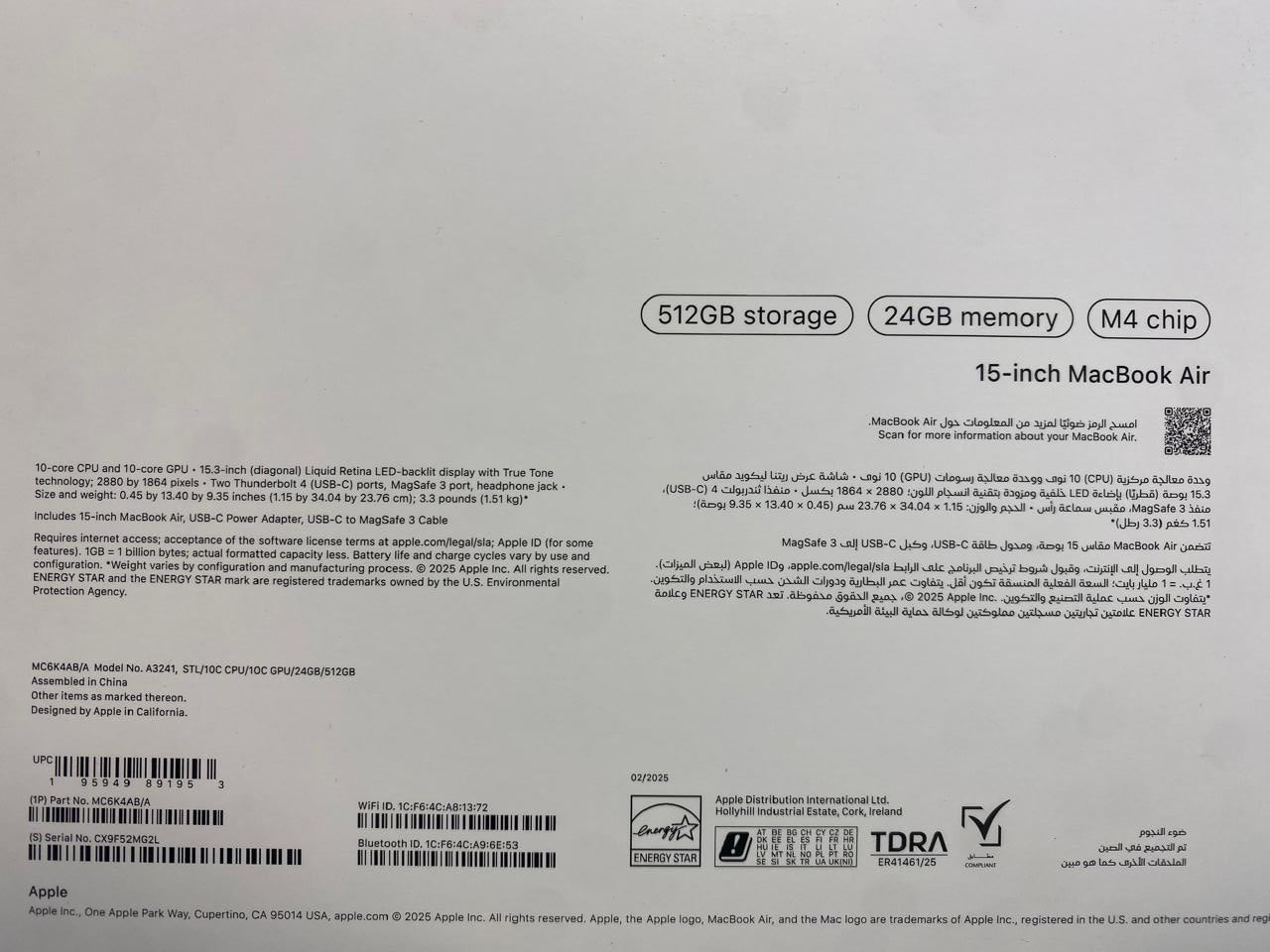 Apple Macbook Air MC6K4AB/A - A3241, M4 10C, GPU 10C, RAM 24G, SSD 512GB ,15.3 Inch Retina (2560 x 1664), Starlight