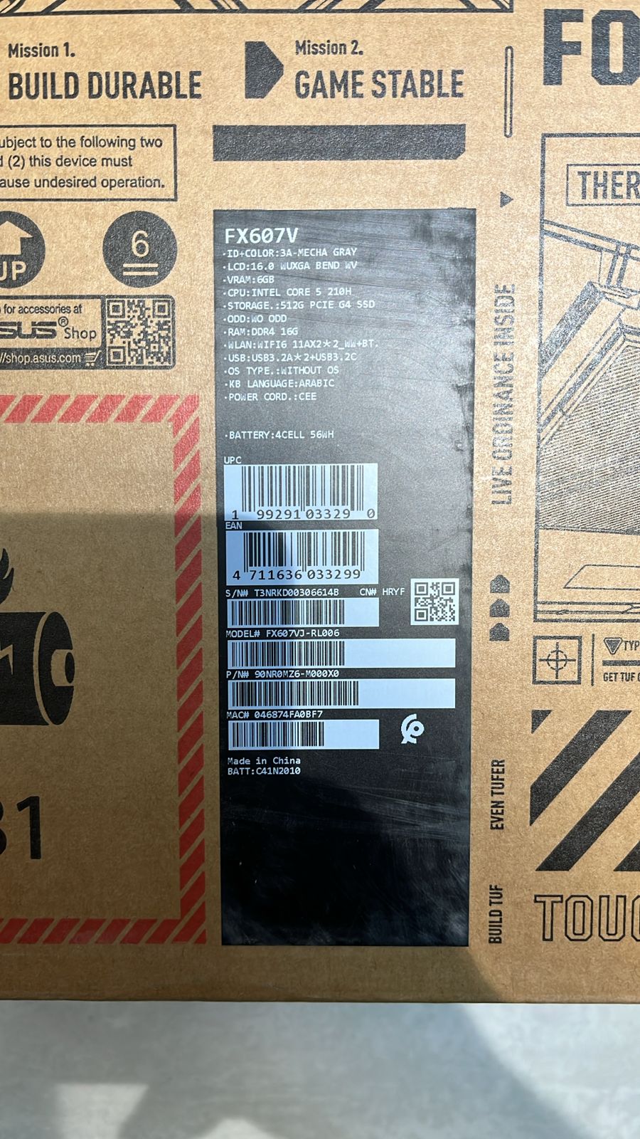 ASUS TUF Gaming F16 FX607VJ-RL029AR, Intel Core 5 210H, RAM 16GB(Upgraded), SSD 512GB, NVIDIA RTX 3050 6GB, 16.0 inch WUXGA IPS 144Hz, Mecha Gray