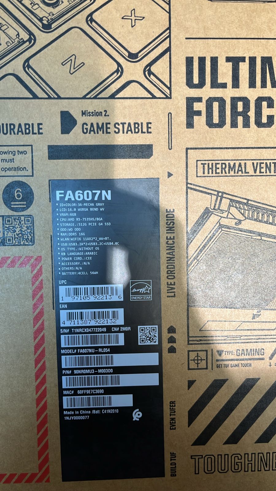 ASUS TUF Gaming A16 FA607NU-RL054، AMD Ryzen 5-7535HS، ذاكرة وصول عشوائي (RAM) سعة 16 جيجابايت، قرص SSD سعة 512 جيجابايت، بطاقة رسومات NVIDIA RTX 4050 سعة 6 جيجابايت، شاشة 16.0 بوصة بدقة WUXGA وتردد 144 هرتز، لون رمادي ميكا