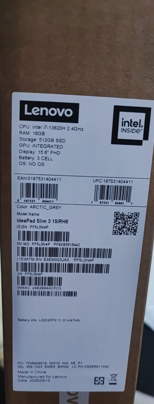 Lenovo IdeaPad Slim 3 15IRH8 (3JAX), Intel Core i7-13620H, RAM 16GB, 512GB SSD, Intel UHD Graphics, 15.6 Inch IPS FHD, Arctic Grey