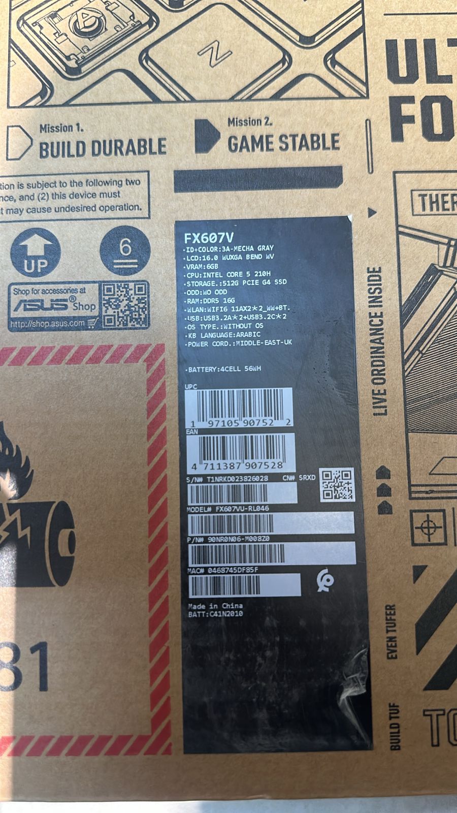 ASUS TUF Gaming F16 FX607VU-RL046/RL177، Intel Core 5-210H، ذاكرة وصول عشوائي (RAM) سعة 16 جيجابايت، قرص SSD سعة 512 جيجابايت، بطاقة رسومات NVIDIA RTX 4050 سعة 6 جيجابايت، شاشة 16.0 بوصة WUXGA بتردد 144 هرتز، رمادي ميكا