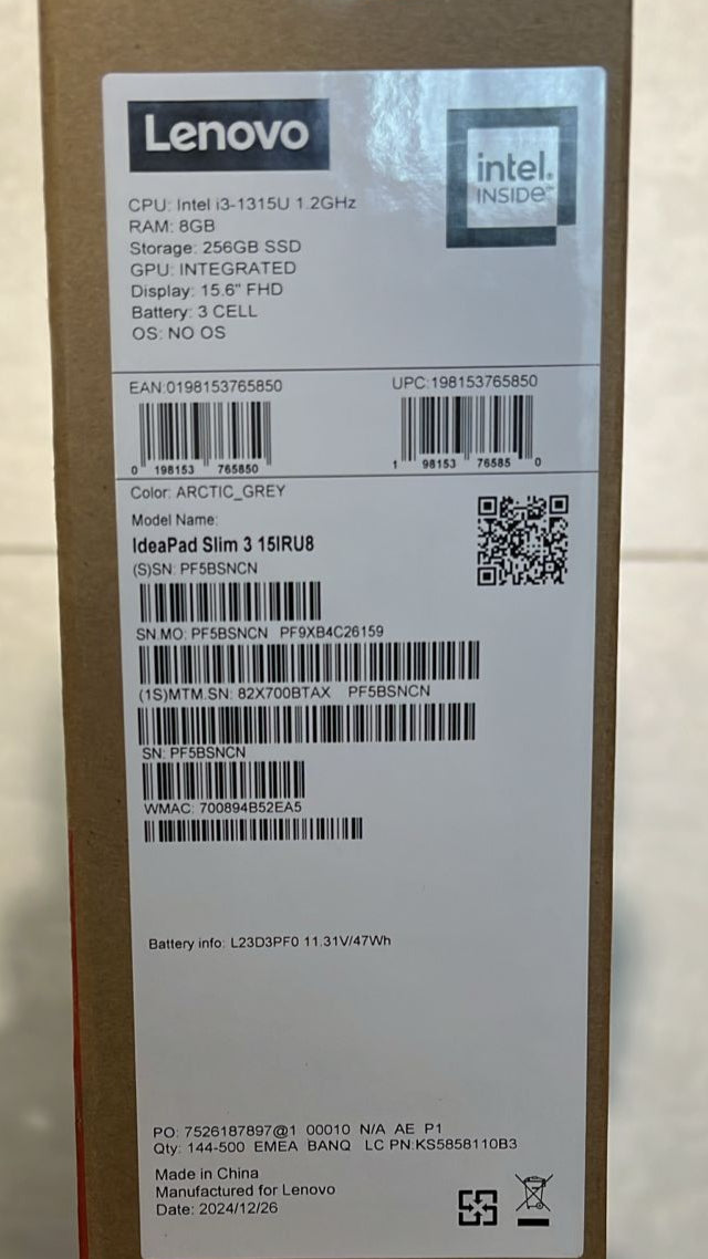 Lenovo IdeaPad Slim 3 15IRU8 - (BTAX), Intel Core i3-1315U, RAM 8GB, SSD 256GB, Intel® UHD Graphics, 15.6 FHD, Arctic Grey