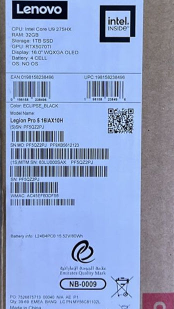 Lenovo Legion Pro 5 16IAX10H - (0SAX), Intel Core Ultra 9-275HX, RAM 32GB, SSD 1TB, NVIDIA Geforce 5070 Ti 12GB, 16.0 Inch 2.5K WQXGA OLED 165Hz, Eclipse Black