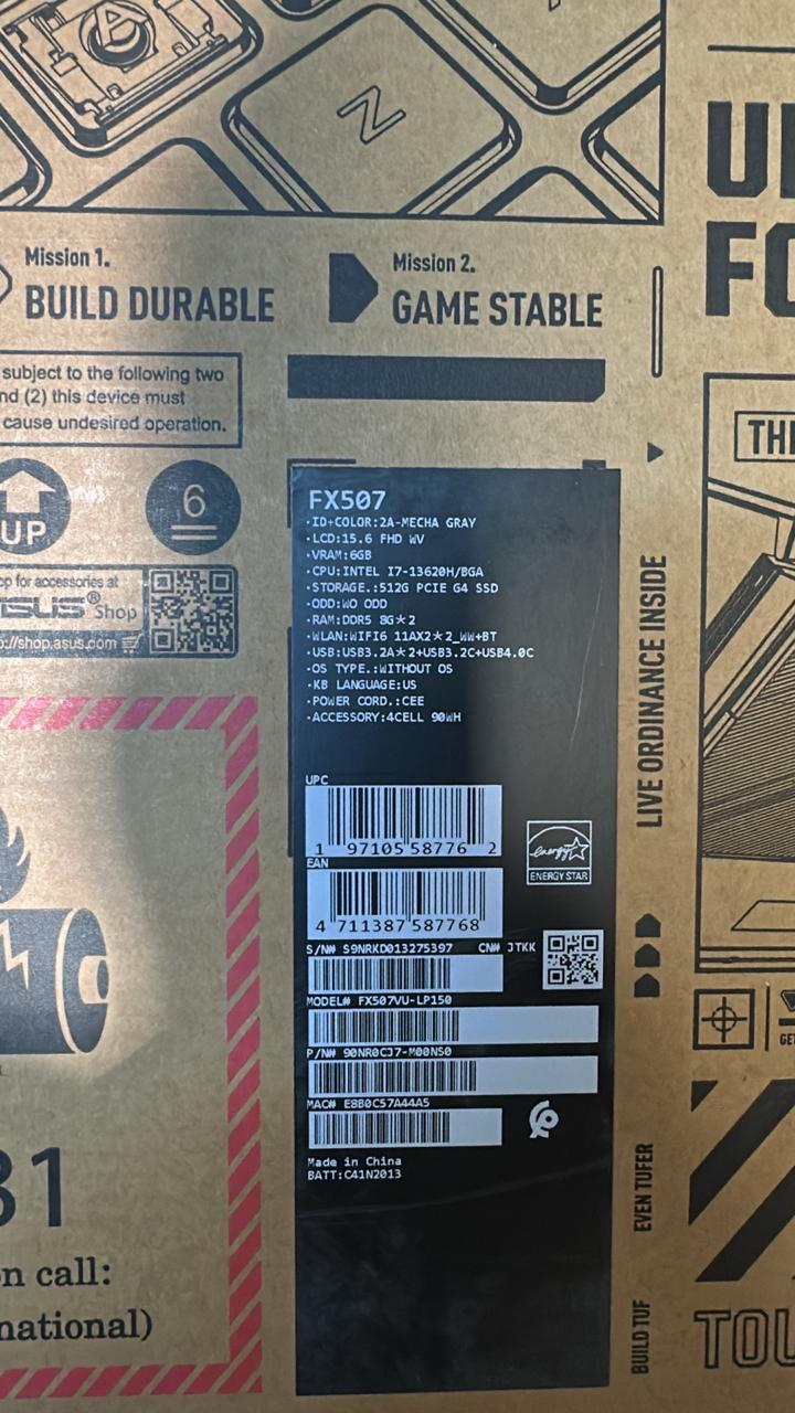 ASUS TUF GAMING F15 FX507VU-LP150، Intel Core i7-13620H، ذاكرة وصول عشوائي 16 جيجابايت، قرص SSD 512 جيجابايت، NVIDIA RTX 4050 6 جيجابايت، شاشة 15.6 بوصة FHD IPS 144 هرتز، رمادي ميكا