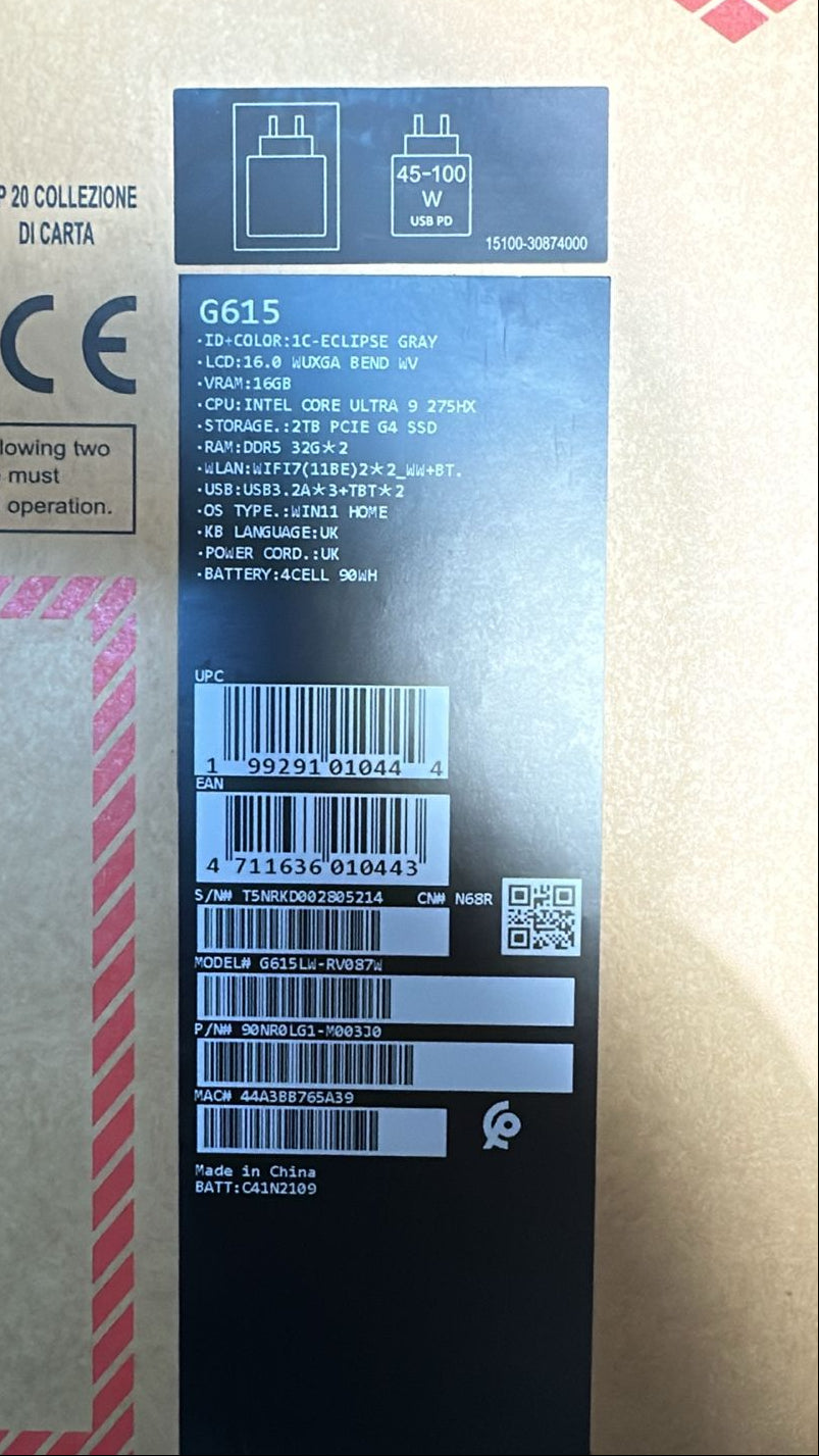 ASUS ROG Strix G16 G615LW-RV087W، Ultra 9-275HX، ذاكرة وصول عشوائي (RAM) سعة 64 جيجابايت، قرص SSD سعة 2 تيرابايت، بطاقة رسومات NVIDIA RTX 5080 سعة 16 جيجابايت، شاشة 16.0 بوصة WUXGA IPS بمعدل تحديث 240 هرتز، لون Eclipse Grey