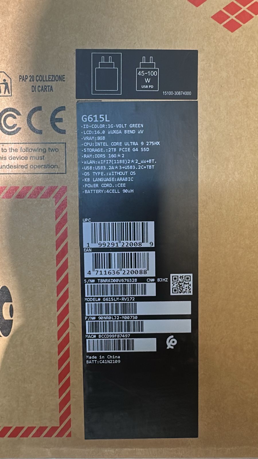 ASUS ROG Strix G16 G615LM-RV172، Intel Ultra 9-275HX، ذاكرة وصول عشوائي (RAM) سعة 32 جيجابايت، قرص SSD سعة 2 تيرابايت، NVIDIA RTX 5060 سعة 8 جيجابايت، شاشة 16.0 بوصة بدقة WUXGA FHD+ بمعدل تحديث 165 هرتز، لون أخضر فولت