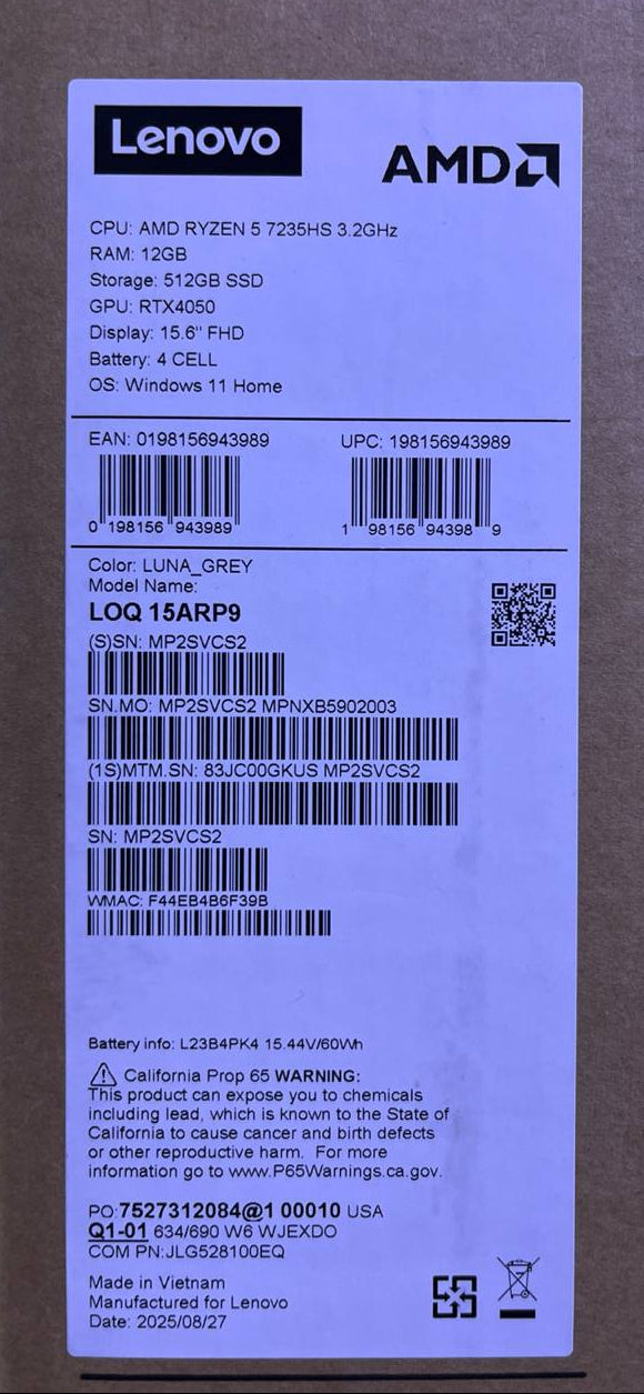 Lenovo LOQ 15ARP9 - (GKUS), AMD Ryzen 5-7235HS, RAM 12GB, SSD 512GB, RTX 4050 6GB, 15.6 Inch FHD IPS 144Hz, Luna Grey