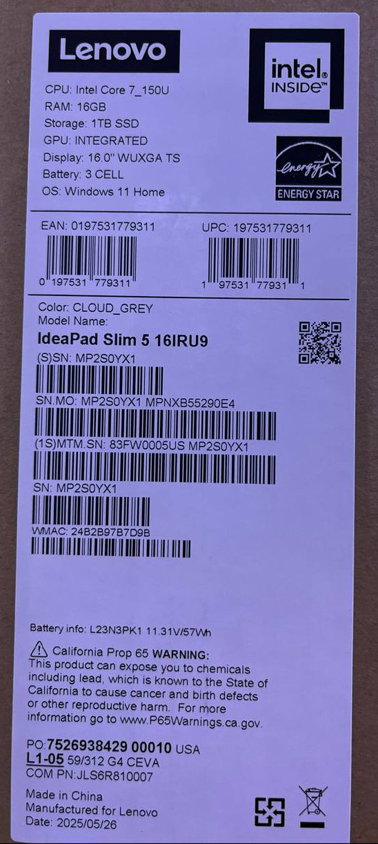 لينوفو ايديا باد سليم 5 16IRU9 - (05US)، انتل كور 7 150U، رام 16 جيجابايت، قرص صلب 1 تيرابايت، انتل جرافيكس، شاشة 16 بوصة WUXGA IPS 60 هرتز، رمادي سحابي