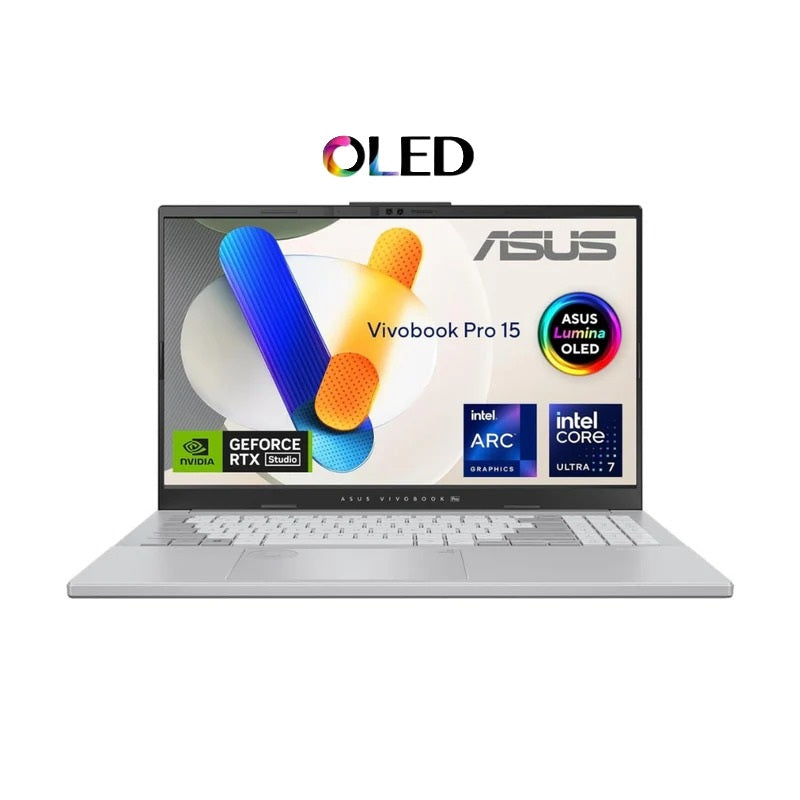 ASUS Vivobook Pro 15 N6506MV-MA022، Intel Core Ultra 7 155H، ذاكرة وصول عشوائي 16 جيجابايت، قرص SSD سعة 1 تيرابايت، NVIDIA RTX 4060 8 جيجابايت، شاشة OLED WQXGA 120 هرتز، لون فضي رائع