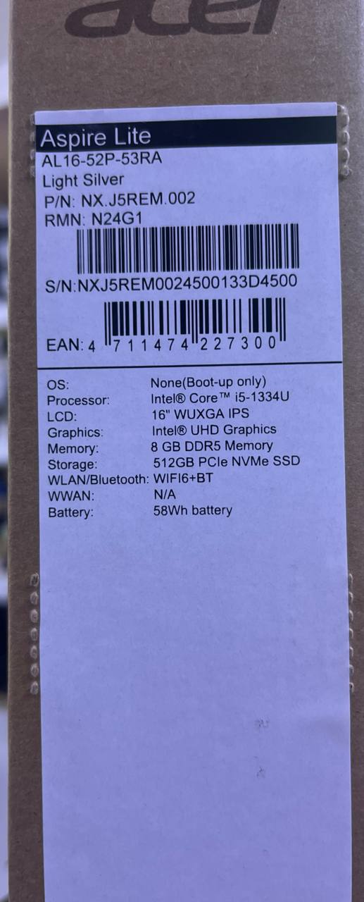 Acer Aspire Lite AL16-52P-53RA, Intel Core i5-1334U, RAM 8GB, SSD 512GB, Intel UHD Graphics, 16.0 WUXGA IPS, Light Silver