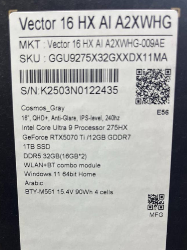 MSI Vector 16 HX AI A2XWHG-009AE، Intel Core Ultra 9-275HX، ذاكرة وصول عشوائي (RAM) سعة 32 جيجابايت، قرص SSD سعة 1 تيرابايت، NVIDIA RTX 5070 Ti سعة 12 جيجابايت، شاشة 16.0 بوصة بدقة 2K QHD+ IPS بمعدل تحديث 240 هرتز، لون رمادي كوزموس