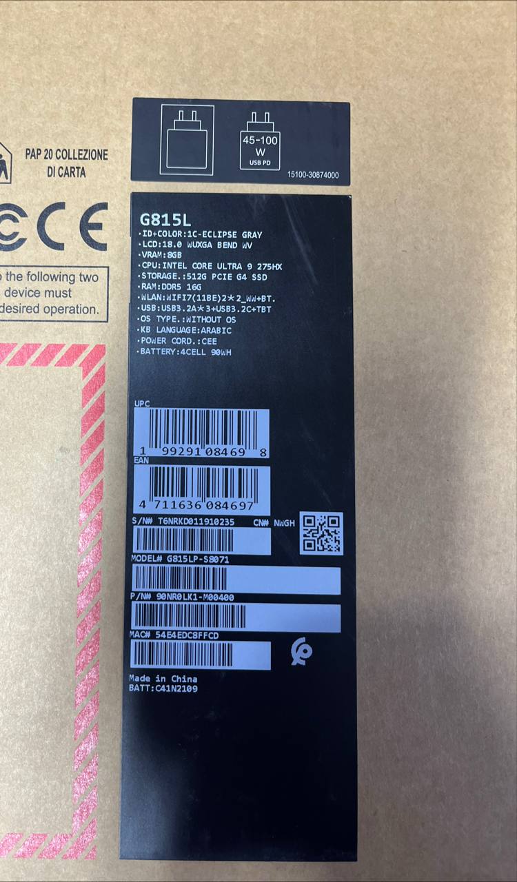 ASUS ROG Strix G18 G815LP-S8071، معالج Intel Core Ultra 9-275HX، ذاكرة وصول عشوائي (RAM) سعة 16 جيجابايت، قرص SSD سعة 512 جيجابايت، بطاقة رسومات NVIDIA Geforce RTX 5070 سعة 8 جيجابايت، شاشة 18.0 بوصة بدقة WUXGA وتردد 144 هرتز، لون رمادي Eclipse