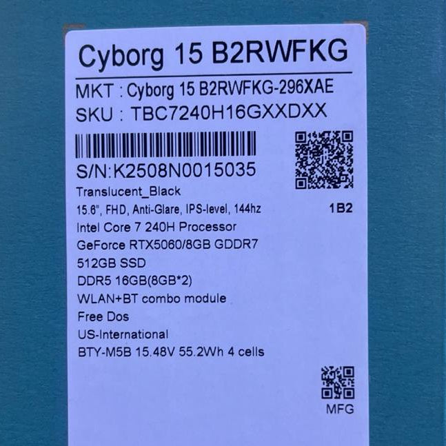 جهاز MSI سايبورغ 15 B2RWFKG-296XAE، معالج إنتل كور 7-240H، ذاكرة وصول عشوائي (RAM) سعة 16 جيجابايت، قرص SSD سعة 512 جيجابايت، بطاقة رسومات RTX 5060 سعة 8 جيجابايت، شاشة 15.6 بوصة عالية الدقة بالكامل (FHD) بتقنية IPS، بتردد 144 هرتز. لون أسود شفاف.