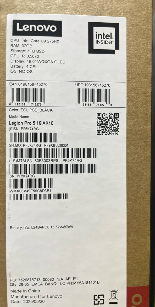 لينوفو ليجن برو 5 16IAX10 - (22AX)، معالج إنتل كور ألترا 9 275HX، ذاكرة وصول عشوائي 32 جيجابايت، قرص صلب SSD سعة 1 تيرابايت، بطاقة رسومات إنفيديا جي فورس RTX 5070 سعة 8 جيجابايت، شاشة OLED بدقة WQXGA مقاس 16.0 بوصة، تردد 165 هرتز، لون أسود إكليبس