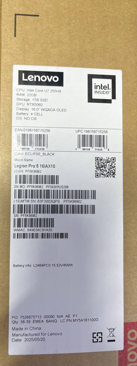لينوفو ليجن برو 5 16IAX10 - (3QPS)، معالج إنتل كور ألترا 7-255HX، ذاكرة وصول عشوائي 32 جيجابايت، قرص صلب SSD سعة 1 تيرابايت، بطاقة رسومات إنفيديا جي فورس RTX 5060 سعة 8 جيجابايت، شاشة OLED WQXGA 165 هرتز، لون أسود إكليبس