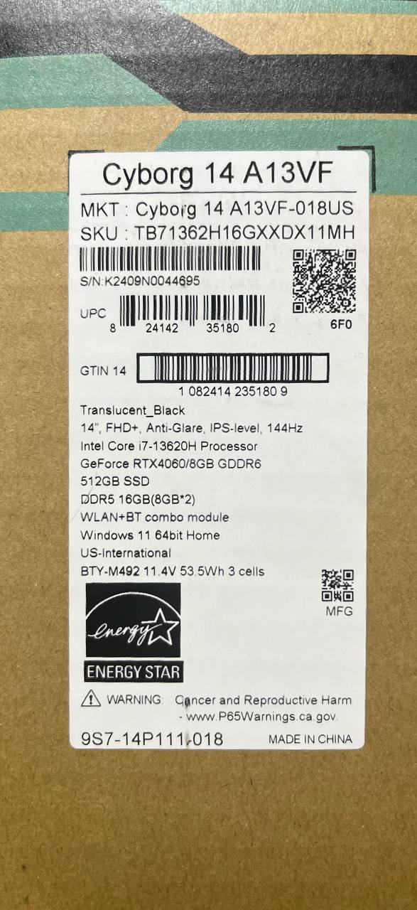 MSI Cyborg 14 A13VF-018US، Intel Core i7-13620H، ذاكرة وصول عشوائي (RAM) سعة 16 جيجابايت، قرص SSD سعة 512 جيجابايت، بطاقة رسومات NVIDIA RTX 4060 سعة 8 جيجابايت، شاشة 14.0 بوصة WUXGA IPS بتردد 144 هرتز، لون أسود شفاف