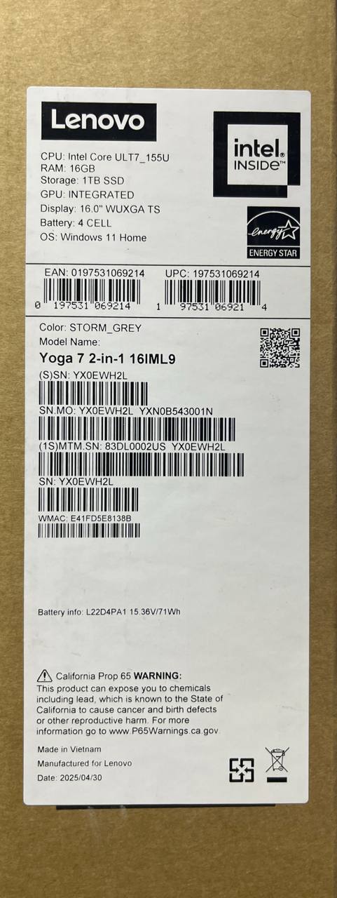 لينوفو يوجا 7 2 في 1 16IML9 - (02US)، معالج Intel® Core Ultra 7-155U، ذاكرة وصول عشوائي 16 جيجابايت، قرص SSD 1 تيرابايت، معالج رسومات Intel®، شاشة 16 بوصة WUXGA IPS 60Hz X360 تعمل باللمس، لون رمادي عاصف