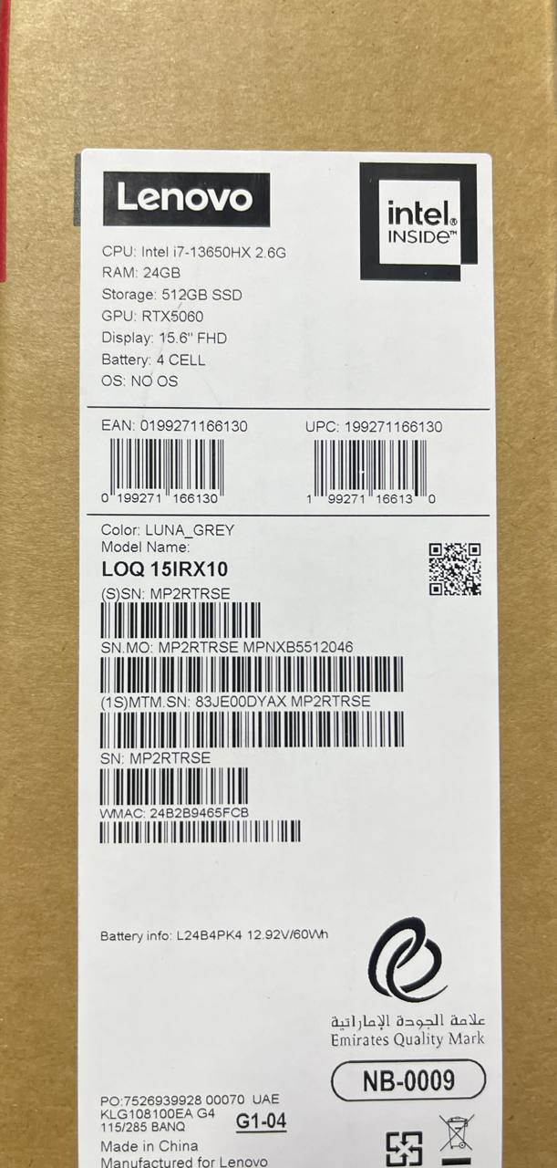 لينوفو LOQ 15IRX10 - (4QAX)، معالج Intel Core i7-13650HX، ذاكرة وصول عشوائي (RAM) سعة 24 جيجابايت، قرص SSD سعة 512 جيجابايت، بطاقة رسومات NVIDIA RTX 5060 سعة 8 جيجابايت، شاشة 15.6 بوصة FHD (1920x1080) IPS بتردد 144 هرتز، لون رمادي