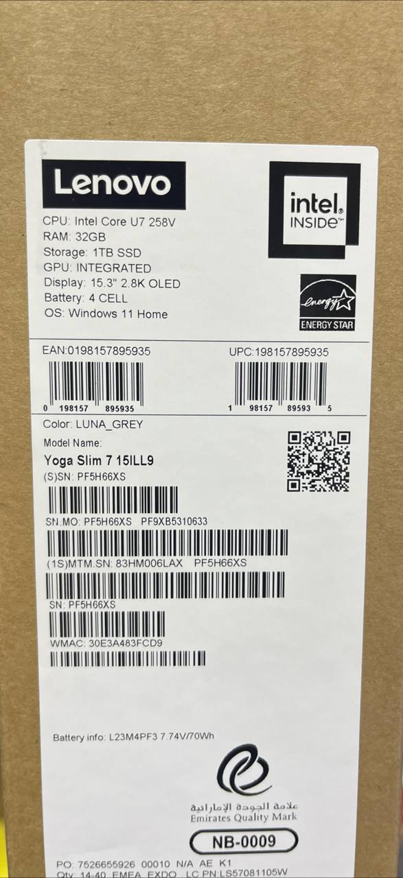 Lenovo Yoga Slim 7 15ILL9 - (6LAX) Aura Edition, Intel Ultra 7-258V, RAM 32GB, SSD 1TB, Integrated Intel Arc, 15.3 Inch 2.8K WQXGA+ (2880x1800) OLED 120Hz, Luna Grey