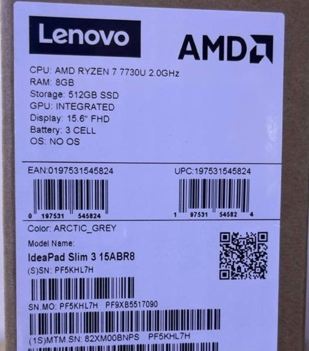لينوفو ايديا باد سليم 3 15ABR8 - (BNPS)، معالج AMD Ryzen 7 7730U، ذاكرة وصول عشوائي 8 جيجابايت، قرص صلب SSD NVMe سعة 512 جيجابايت، بطاقة رسومات AMD Radeon، شاشة 15.6 بوصة FHD، لون رمادي قطبي