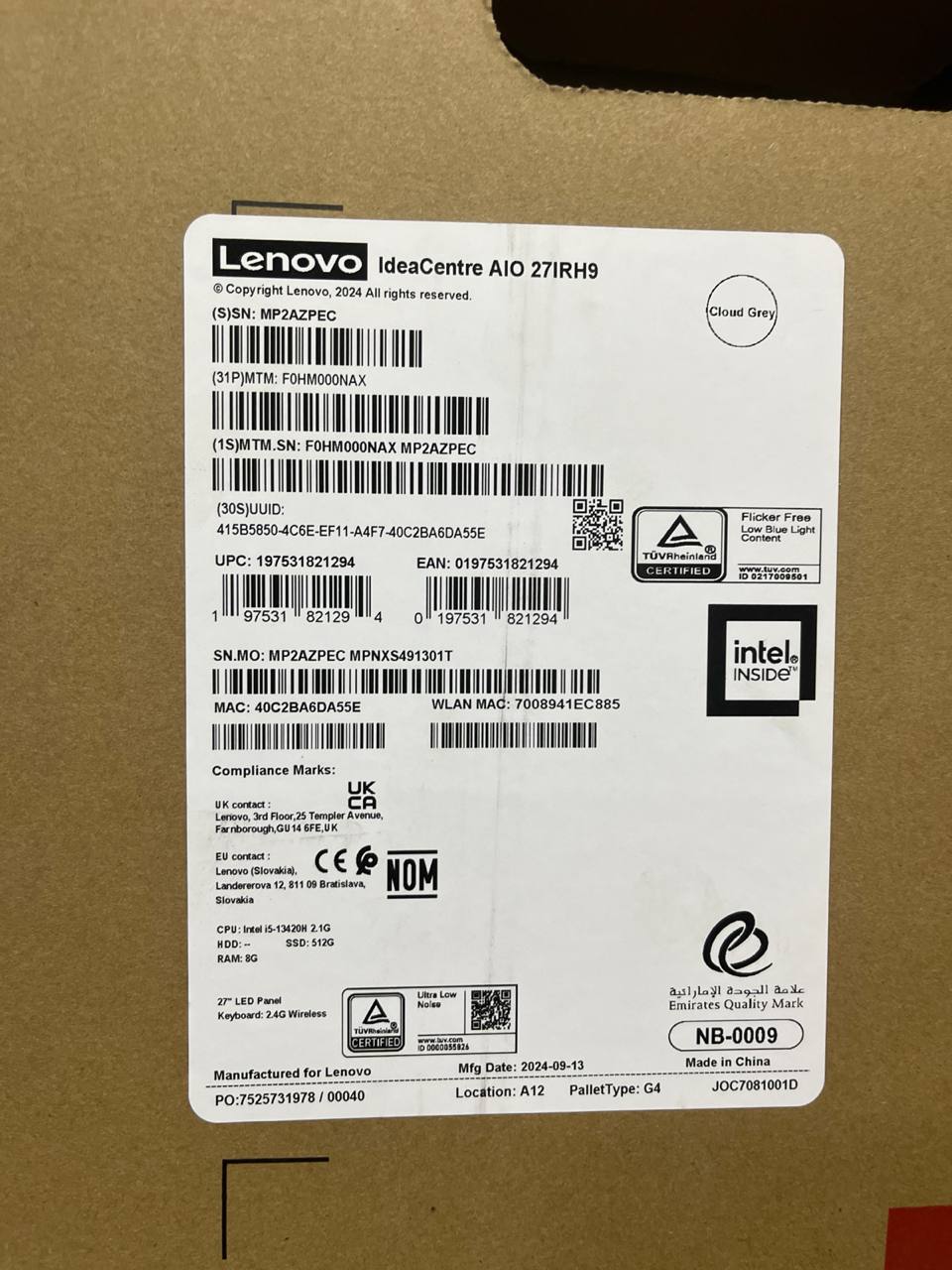 جهاز لينوفو آيديا سنتر AIO 27IRH9 الكل في واحد - (0NAX)، معالج إنتل كور i5-13420H، ذاكرة وصول عشوائي 8 جيجابايت، قرص صلب SSD سعة 512 جيجابايت، رسومات إنتل فائقة الدقة، شاشة 27 بوصة FHD IPS، لون رمادي سحابي