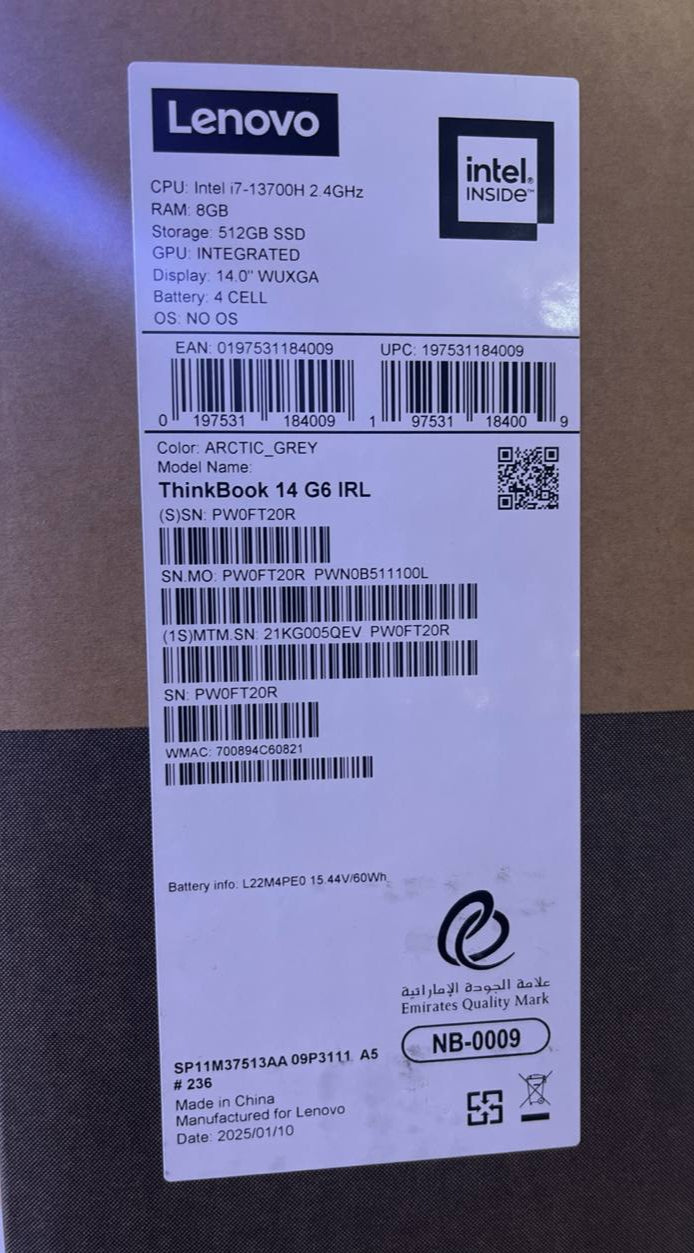 Lenovo ThinkBook 14 G6 IAL - (5QEV), Intel Core i7-13700H, RAM 8GB, SSD 512GB, Intel Graphics, 14.0 Inch IPS WUXGA 60Hz, Arctic Grey