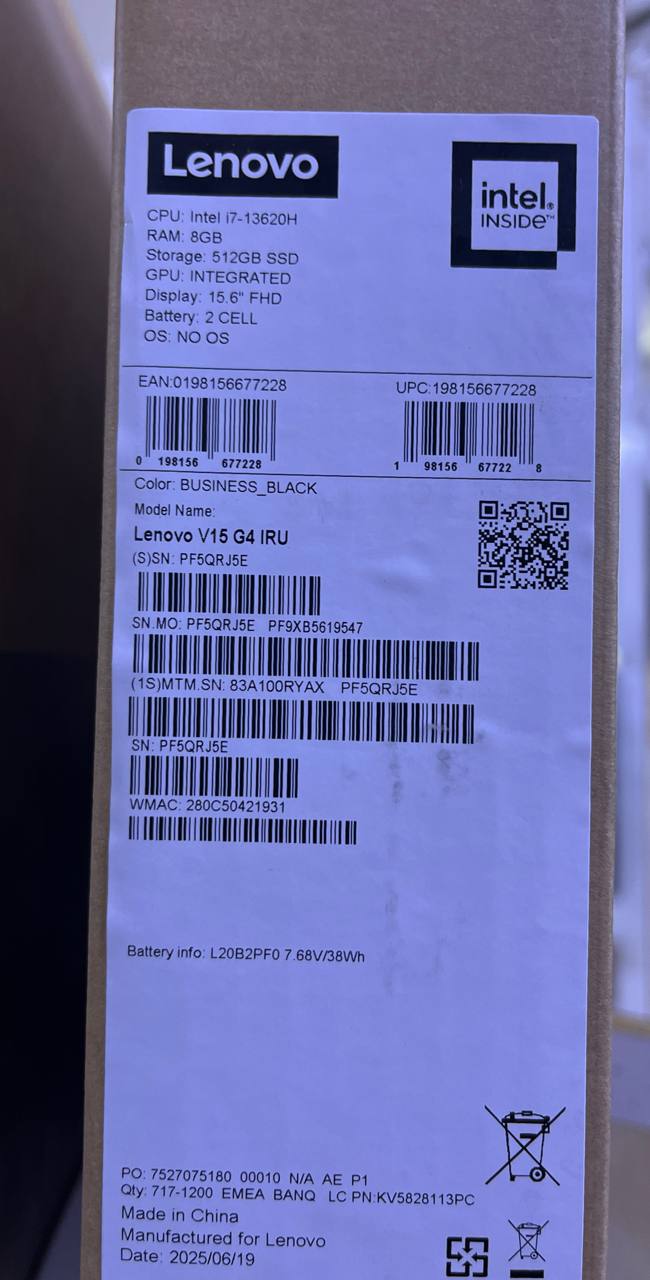 Lenovo V15 G4 IRU - (RYAX), Intel Core i7-13620H, RAM 8GB, SSD 512GB, Intel UHD Graphics, 15.6 FHD, Business Black