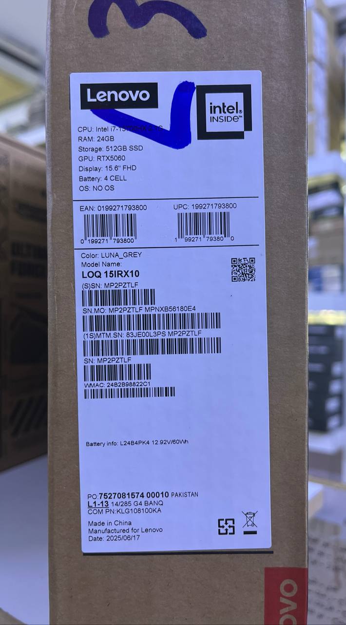 Lenovo LOQ 15IRX10 - (KUAX-L3PS), Intel Core i7-13700HX, RAM 24GB, SSD 512GB, NVIDIA Geforce RTX 5060 8GB, 15.6 FHD IPS 144Hz, Luna Grey