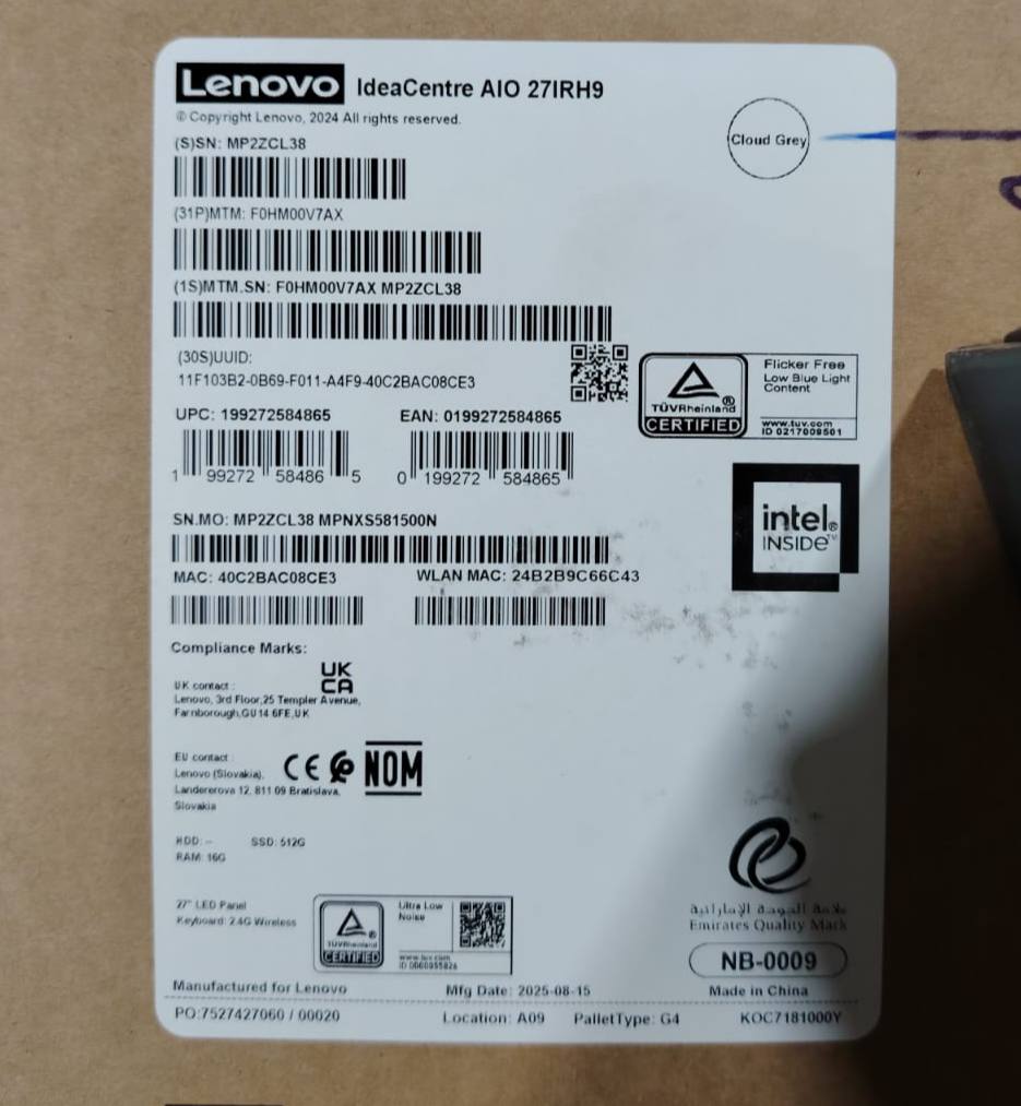 جهاز لينوفو آيديا سنتر AIO 27IRH9 الكل في واحد - (V7AX)، معالج إنتل كور 9 270H، ذاكرة وصول عشوائي 16 جيجابايت، قرص صلب SSD 512 جيجابايت، معالج رسومات إنتل، شاشة 27 بوصة QHD IPS، لون رمادي سحابي