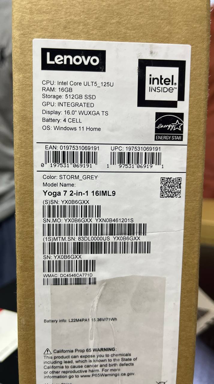 لينوفو يوجا 7 16IML9 - (00US)، معالج إنتل كور ألترا 5-125U، ذاكرة وصول عشوائي 16 جيجابايت، قرص صلب SSD سعة 512 جيجابايت، معالج رسومات إنتل، شاشة 16.0 بوصة WUXGA IPS X360 تعمل باللمس، لون رمادي عاصف
