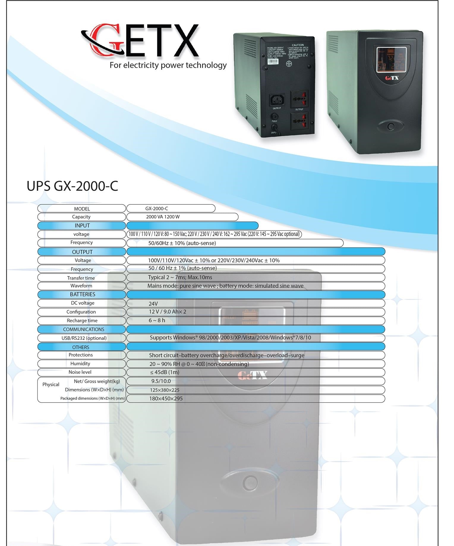 UPS GeTX GXK-2000-C (2000VA) خط تفاعلي، بطارية 12V9Ax2 - صندوق أصفر