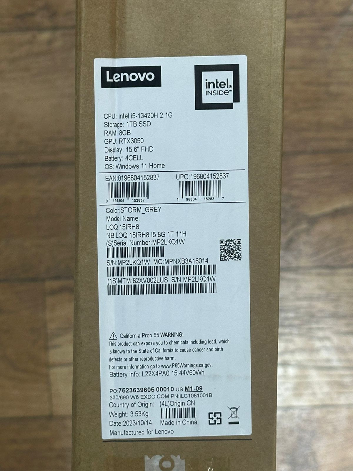 Lenovo LOQ-15IRH8 I5, Intel Core i5-13420H -13 Gen, RAM 16GB, 1TB SSD NVMe, RTX 3050 -6GB, 15.6 FHD IPS 144Hz, Storm Grey