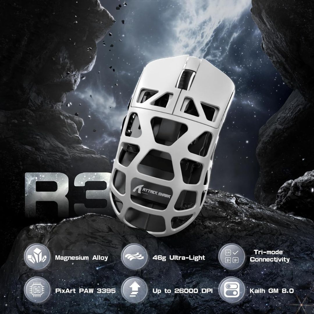 ماوس الألعاب اللاسلكي ATTACK SHARK R3 المصنوع من سبائك المغنيسيوم بدقة 8K - أبيض