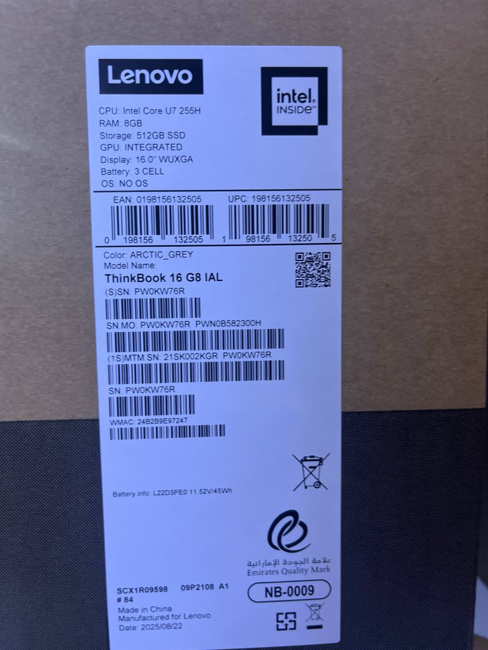 لينوفو ثينك بوك 16 G8 - (2KGR)، معالج Intel® Core Ultra 7-255H، ذاكرة وصول عشوائي (RAM) سعة 8 جيجابايت، قرص SSD سعة 512 جيجابايت، معالج رسومات Intel، شاشة 16 بوصة WUXGA IPS 60 هرتز، لون رمادي قطبي