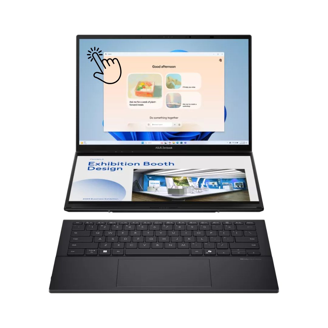 ASUS Zenbook DUO UX8406CA-PZ005W، معالج Intel Core Ultra 9-285H، ذاكرة وصول عشوائي (RAM) سعة 32 جيجابايت، قرص SSD سعة 2 تيرابايت، معالج رسومات Intel Arc، شاشة 14 بوصة بدقة 3K OLED بتردد 120 هرتز، لون رمادي Inkwell