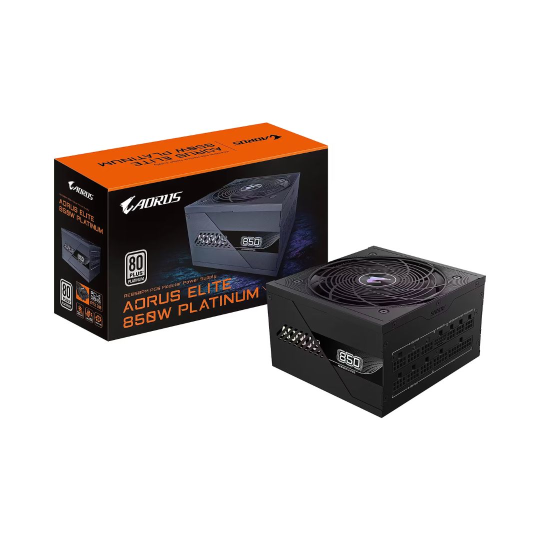 جيجابايت AORUS ELITE GP-AE850PM، وحدة تزويد طاقة كاملة التوصيل، 850 واط، بكفاءة 80+ بلاتينيوم، PCIe 5.1 – أسود