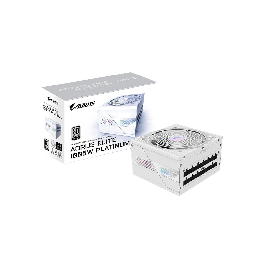 جيجابايت AORUS ELITE GP-AE1000PM ICE، وحدة تزويد طاقة كاملة التوصيل، 1000 واط، بكفاءة 80+ بلاتينيوم، PCIe 5.1 – أبيض