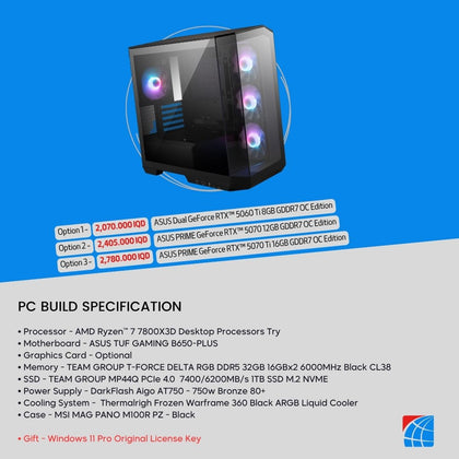 Pc Build AMD Ryzen 7 7800X3D, RTX 5060Ti 8GB , RX 9070 16GB , 5070 12GB