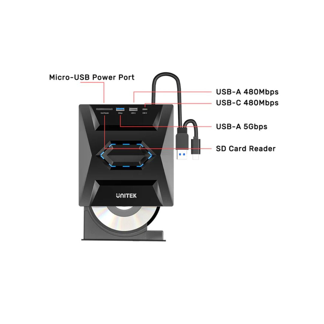 محرك أقراص ضوئية خارجي 5 في 1 من UNITEK مع موزع USB