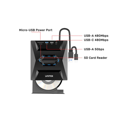 UNITEK 5-in-1 External Optical Drive with USB Hub