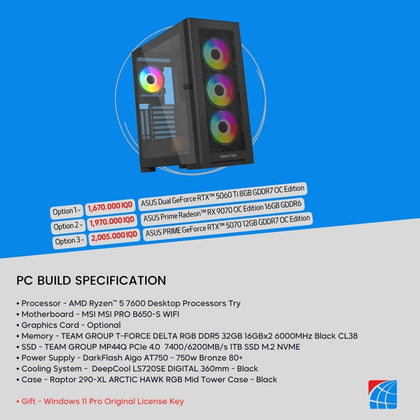 Pc Build AMD Ryzen 5 7600, RTX 5060Ti 8GB , RX 9070 16GB , 5070 12GB