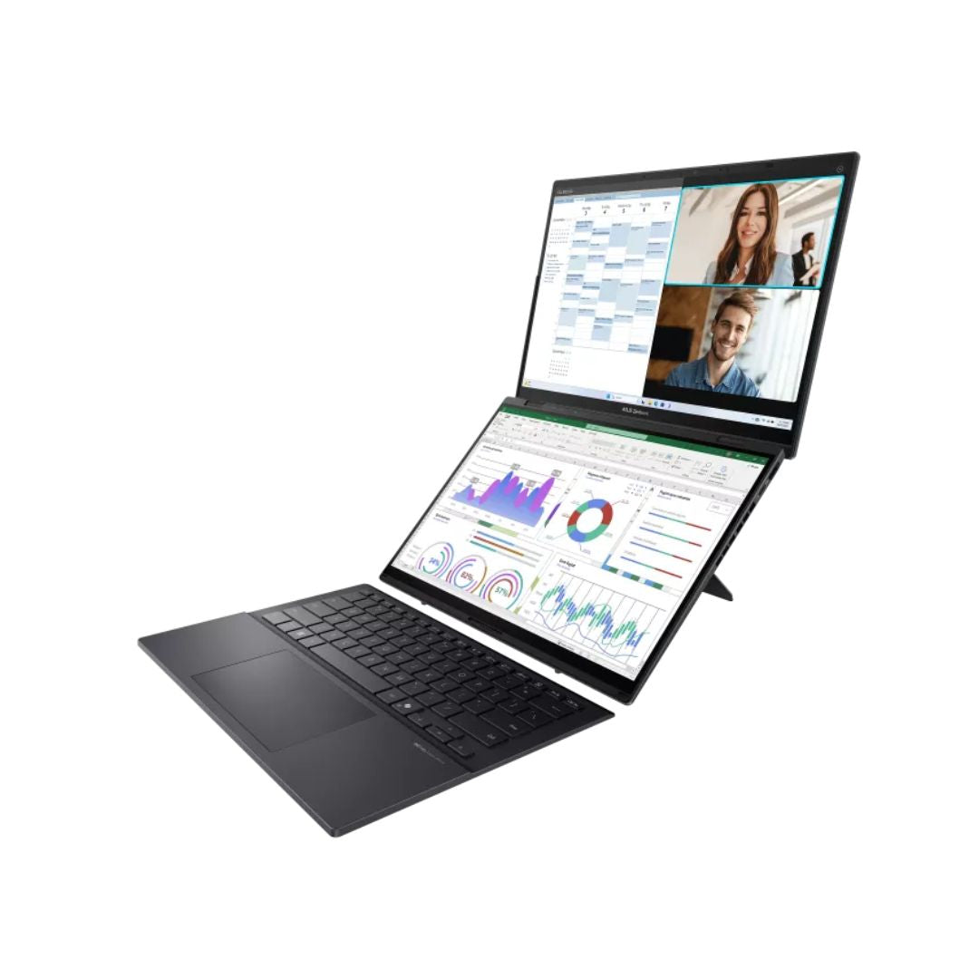 ASUS Zenbook DUO UX8406CA-PZ005W، معالج Intel Core Ultra 9-285H، ذاكرة وصول عشوائي (RAM) سعة 32 جيجابايت، قرص SSD سعة 2 تيرابايت، معالج رسومات Intel Arc، شاشة 14 بوصة بدقة 3K OLED بتردد 120 هرتز، لون رمادي Inkwell