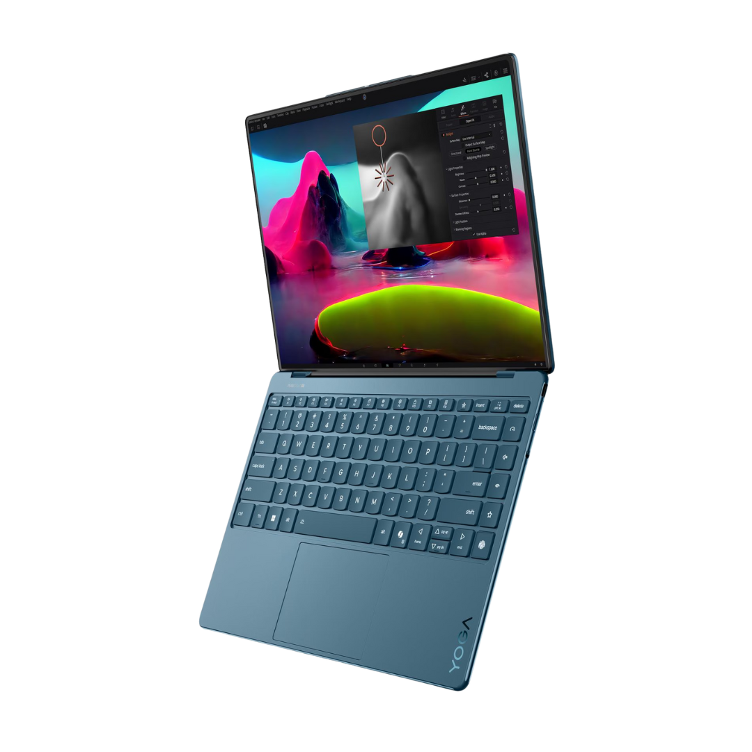 لينوفو يوجا سليم 9 - 14ILL10 - (0MAX)، معالج إنتل كور ألترا 7-258V، ذاكرة وصول عشوائي 32 جيجابايت، قرص صلب 1 تيرابايت، شاشة لمس 4K WQUXGA (3840x2400) OLED 120 هرتز، لون تيدال تيل